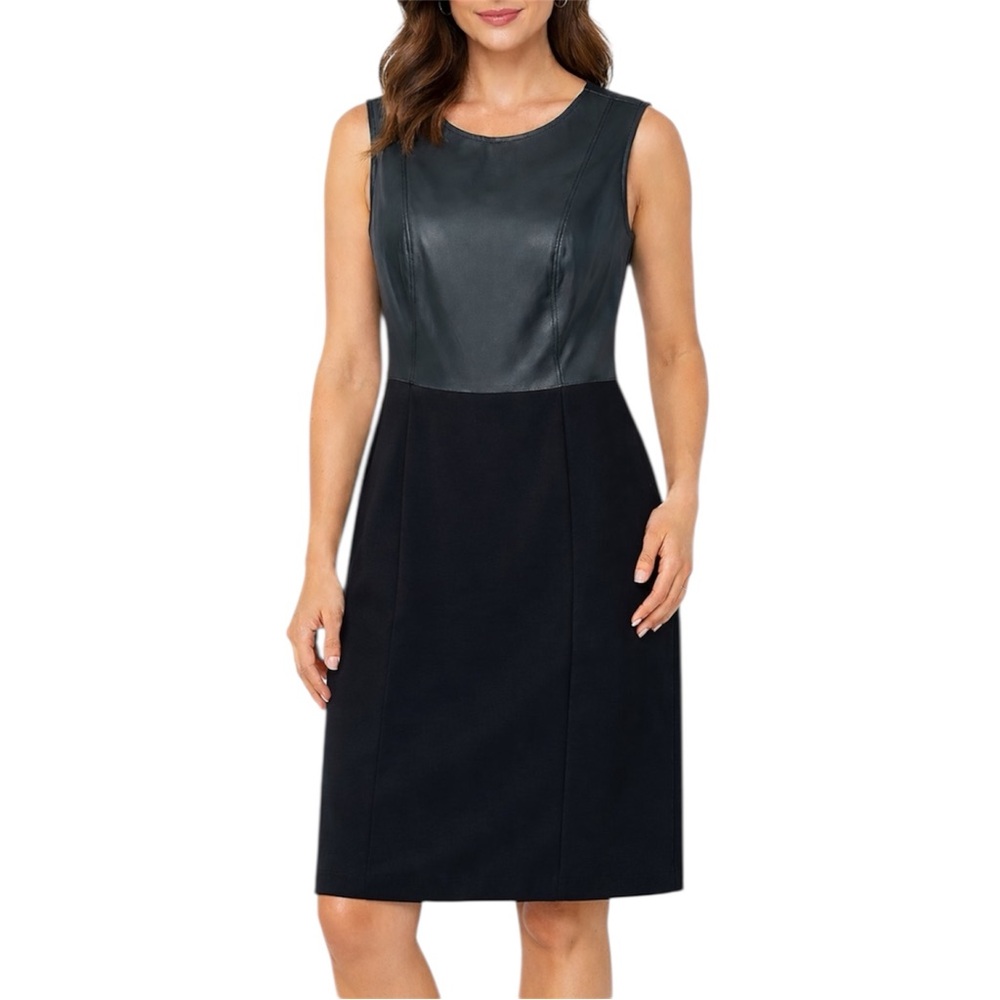 Black Label by Chico's Black Ponte and Faux Leather Sleeveless Dress Size 3 (XL)